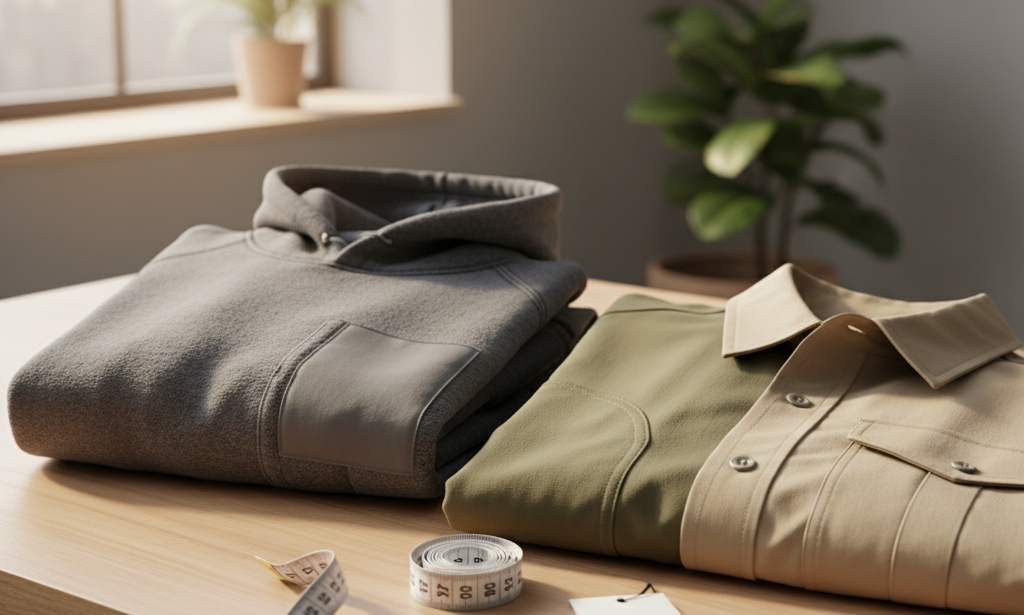 Bedrukte hoodies en bedrijfskleding op een tafel, met aandacht voor zachte stoffen, naden en pasvorm.