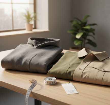 Bedrukte hoodies en bedrijfskleding op een tafel, met aandacht voor zachte stoffen, naden en pasvorm.
