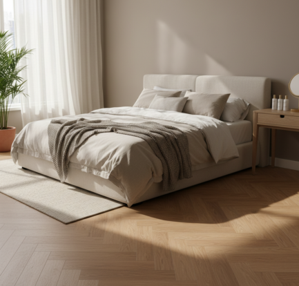 Rustige slaapkamer met een warme visgraatvloer en verzorgingsproducten op een houten kaptafel.