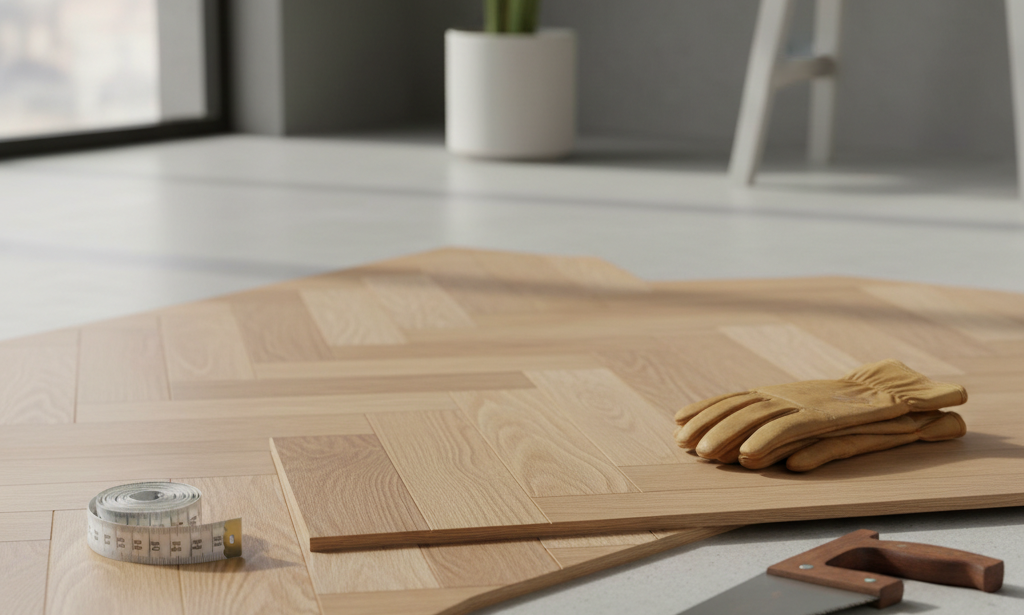 Rustige slaapkamer met matte visgraatlaminaatvloer, neutrale stoffen en een verzorgingshoek bij daglicht.