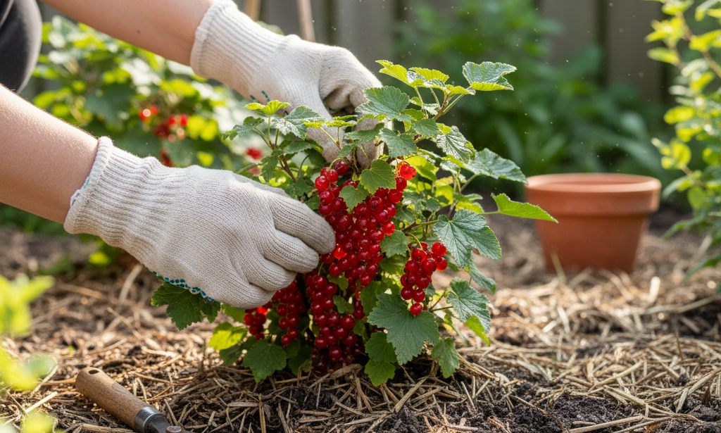Handen met tuinhandschoenen plukken rode bessen van een gezonde fruitstruik in een duurzame tuin.