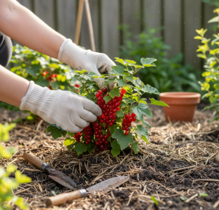 Handen met tuinhandschoenen plukken rode bessen van een gezonde fruitstruik in een duurzame tuin.
