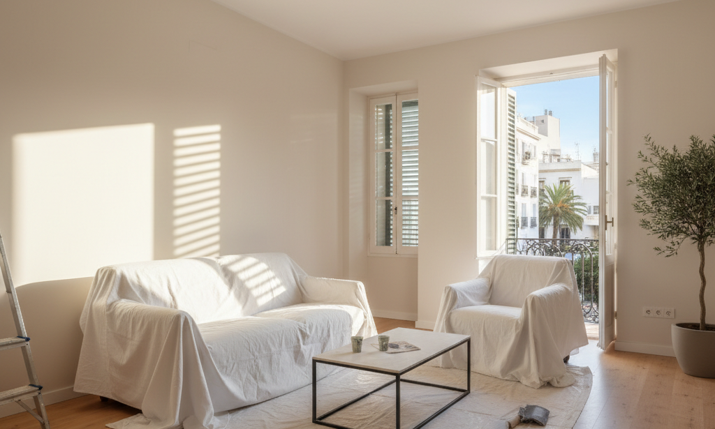 Licht gerenoveerd appartement in Alicante met rustige wandkleuren, zonwering en zorgvuldig klaargezet schildermateriaal.