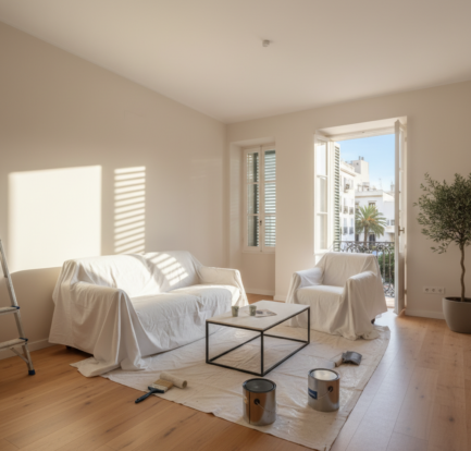 Licht gerenoveerd appartement in Alicante met rustige wandkleuren, zonwering en zorgvuldig klaargezet schildermateriaal.